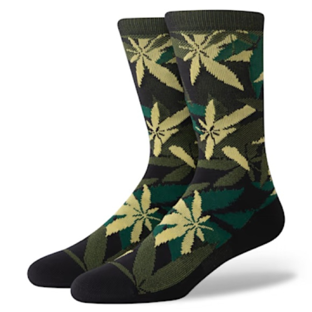 CROCS SOCKS MENS Hemp Black and Green Leaf Crew Socks LARGE